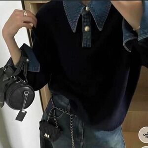 Navy Sweater with Denim Collar Sweater 2 in 1 Panel Lapel small NWT by Commense